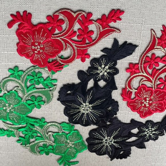 Iron On Patches Embroidery Applique Patches Flower Red Black Green Patch - Picture 6 of 6
